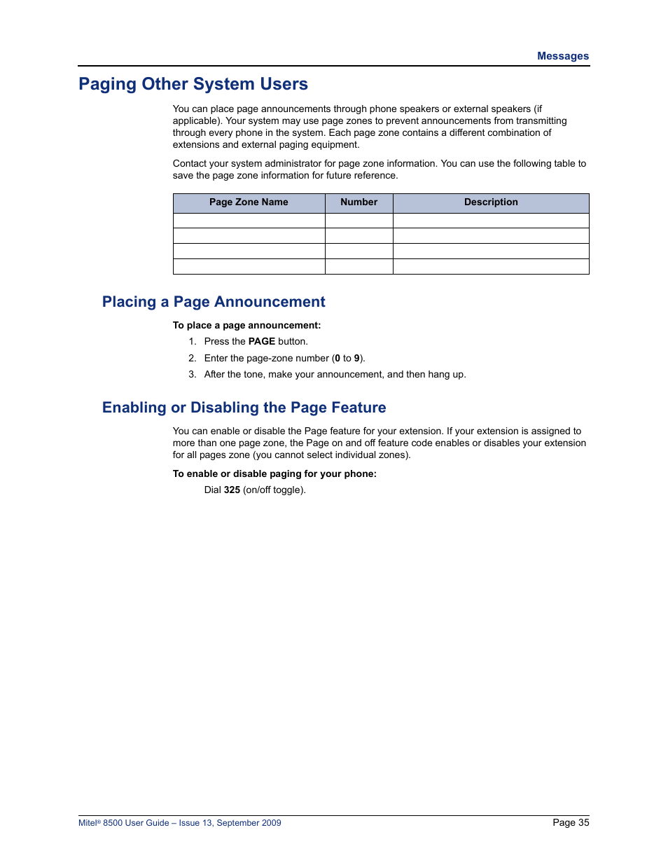 Paging other system users, S. see “paging other system users” on, Paging other system users” on | Placing a page announcement, Enabling or disabling the page feature | Mitel 8500 User Manual | Page 47 / 60