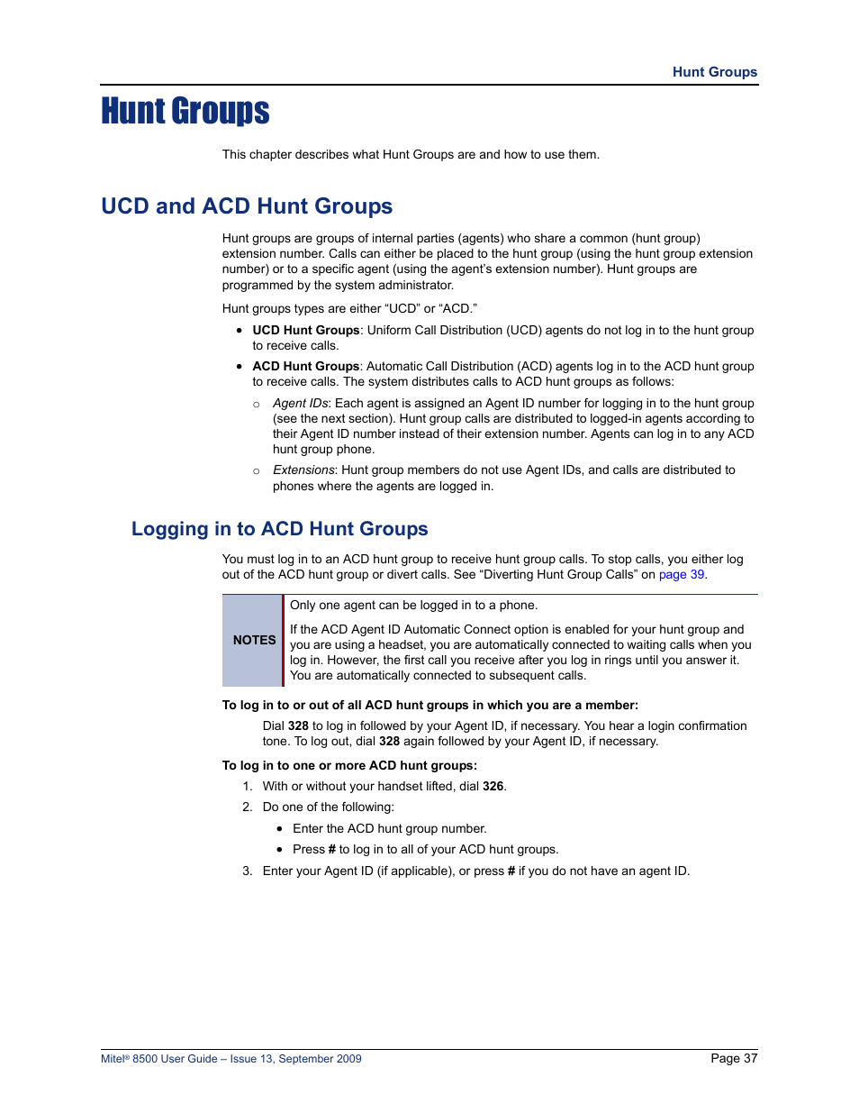 Hunt groups, Ucd and acd hunt groups, Logging in to acd hunt groups | Hunt groups” on | Mitel 8500 User Manual | Page 49 / 60