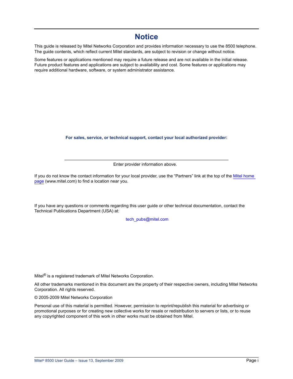Notice | Mitel 8500 User Manual | Page 5 / 60
