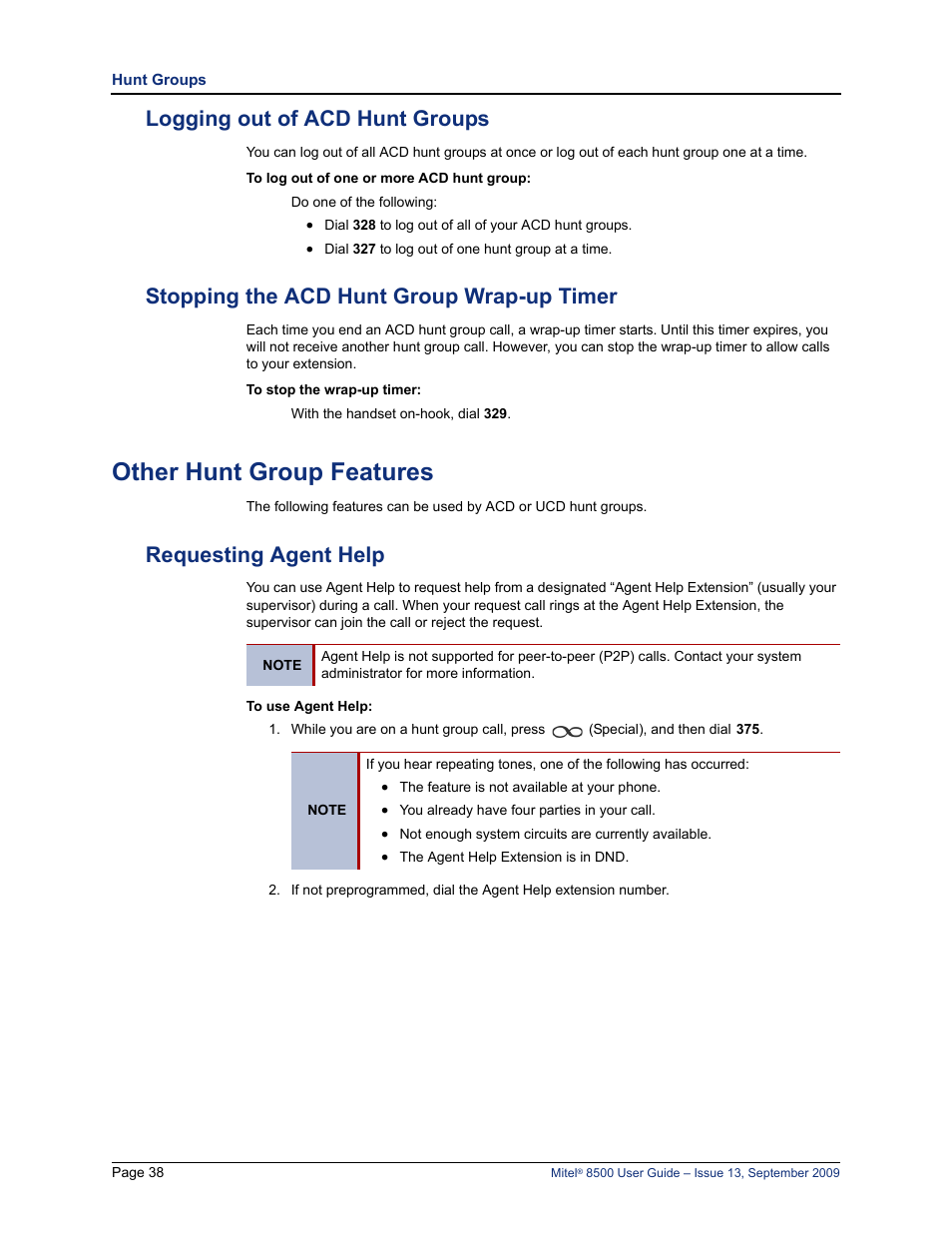 Logging out of acd hunt groups, Stopping the acd hunt group wrap-up timer, Other hunt group features | Requesting agent help | Mitel 8500 User Manual | Page 50 / 60