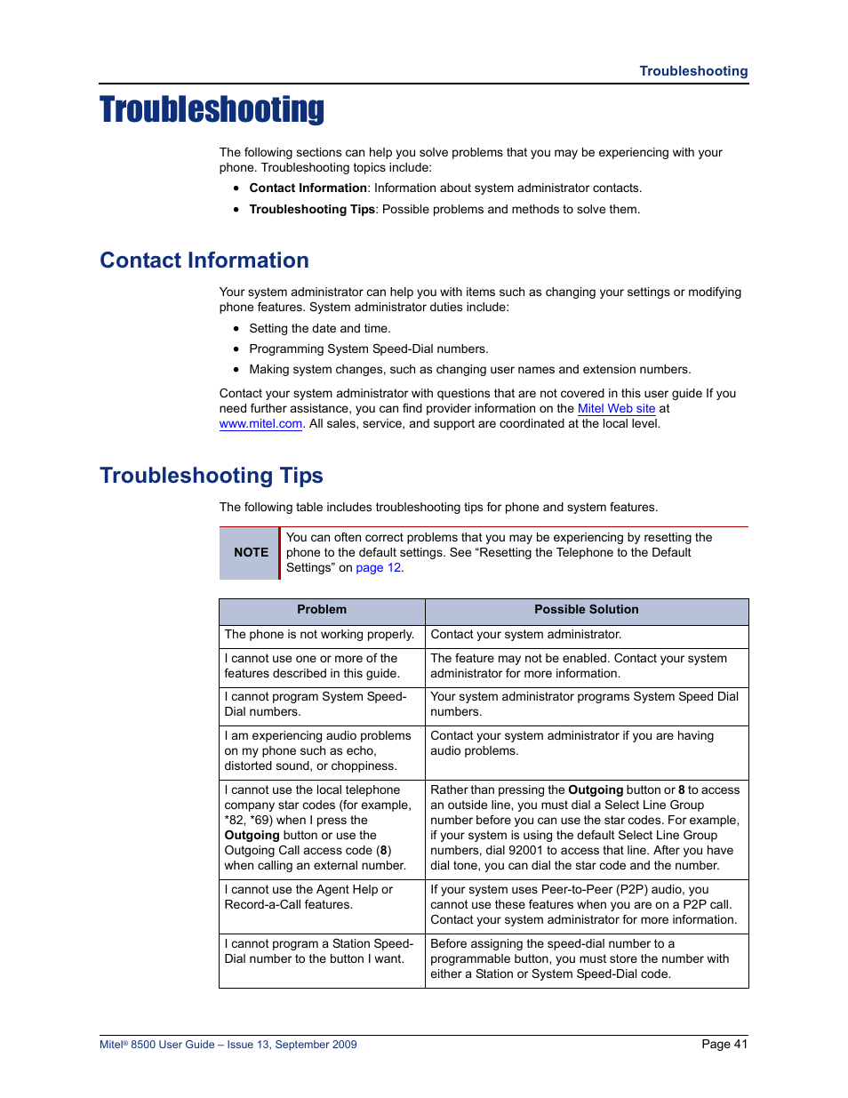 Troubleshooting, Contact information, Troubleshooting tips | Mitel 8500 User Manual | Page 53 / 60