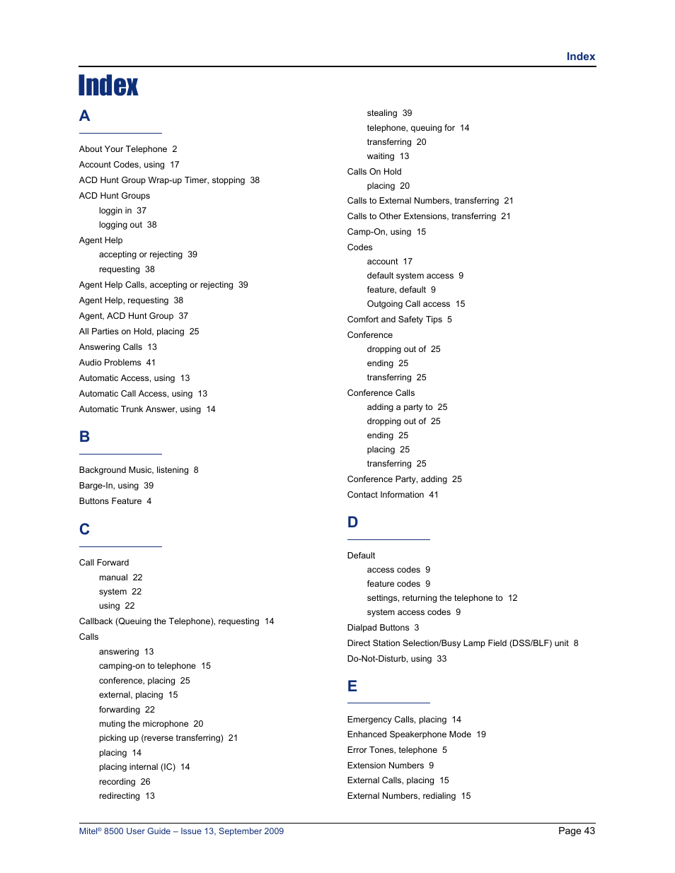 Index | Mitel 8500 User Manual | Page 55 / 60
