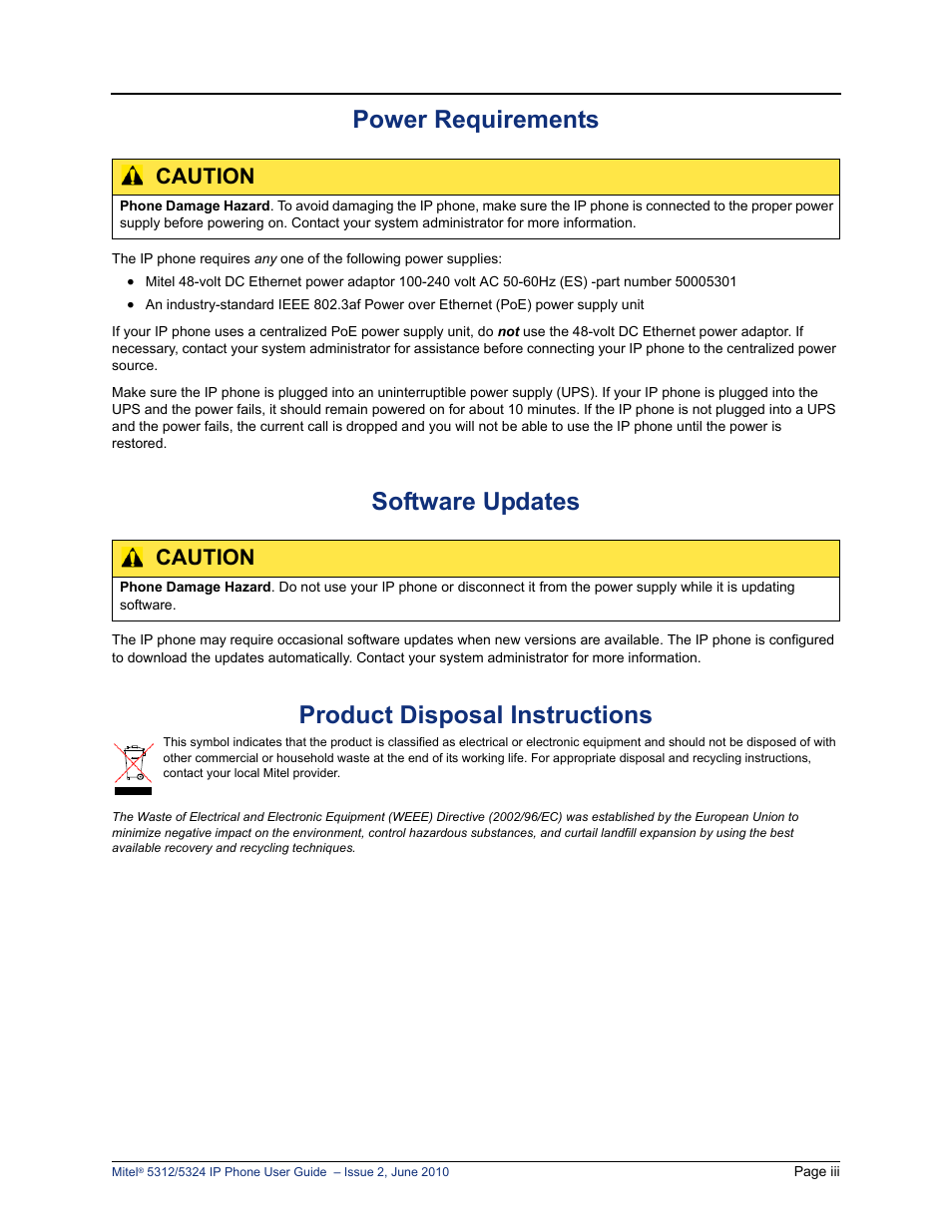 Power requirements, Software updates, Product disposal instructions | Caution | Mitel 5312 User Manual | Page 11 / 86