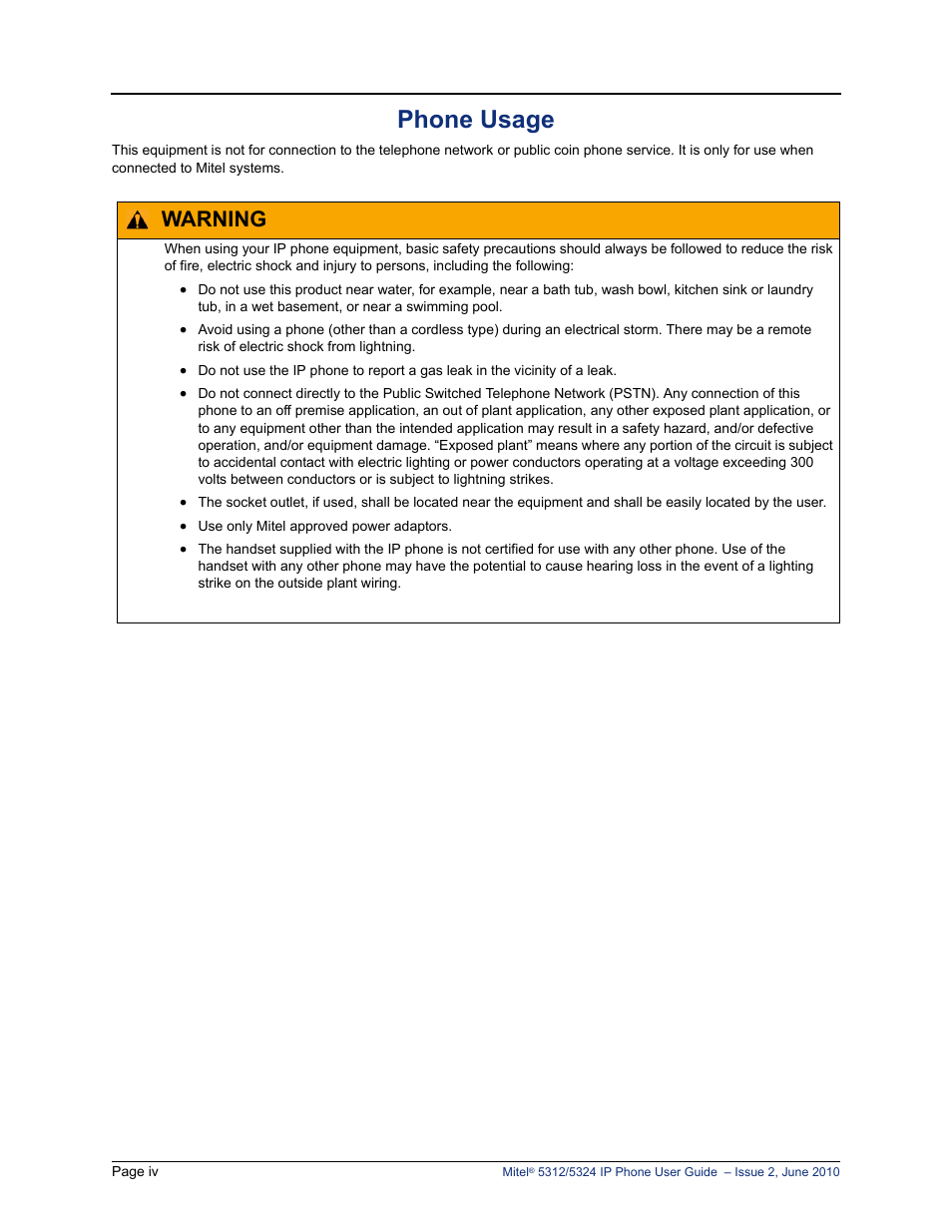 Phone usage, Warning | Mitel 5312 User Manual | Page 12 / 86