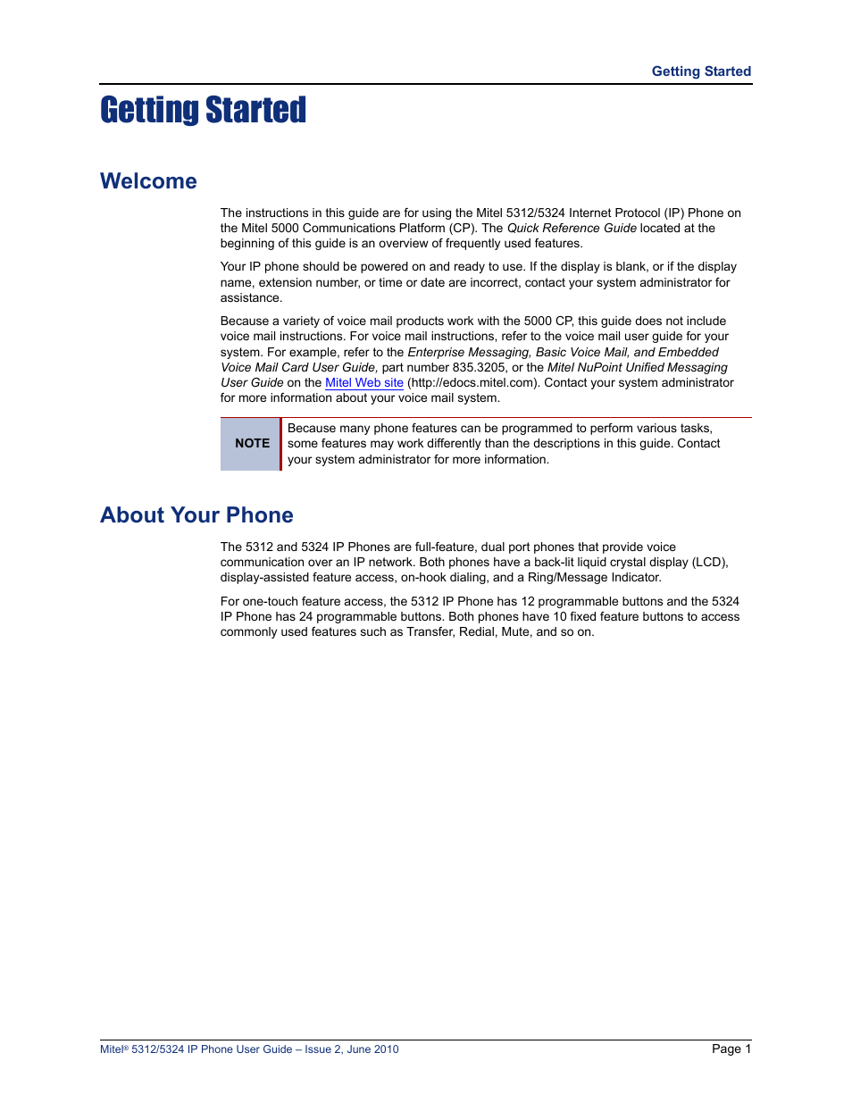 Getting started, Welcome, About your phone | Mitel 5312 User Manual | Page 15 / 86