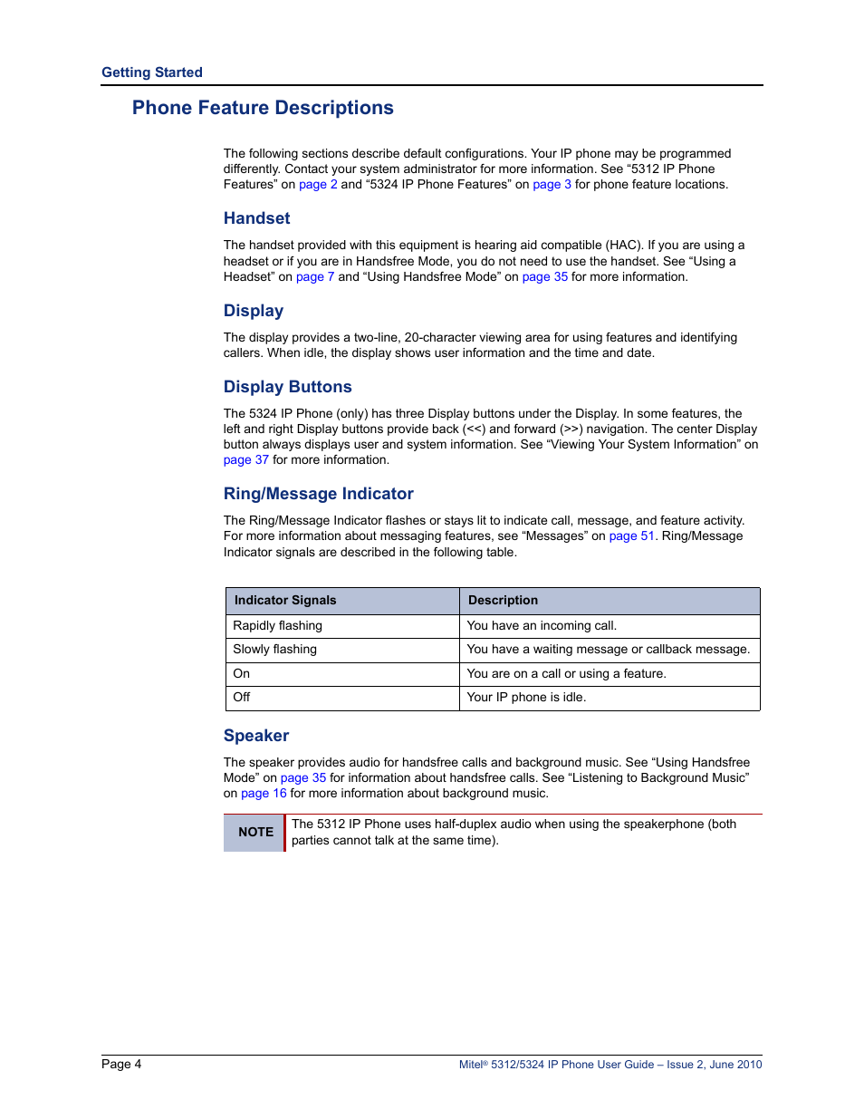 Phone feature descriptions, Handset, Display | Display buttons, Ring/message indicator, Speaker | Mitel 5312 User Manual | Page 18 / 86