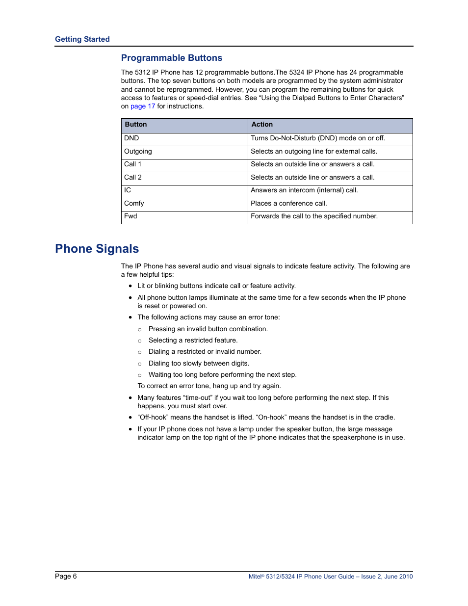 Phone signals, Programmable buttons | Mitel 5312 User Manual | Page 20 / 86