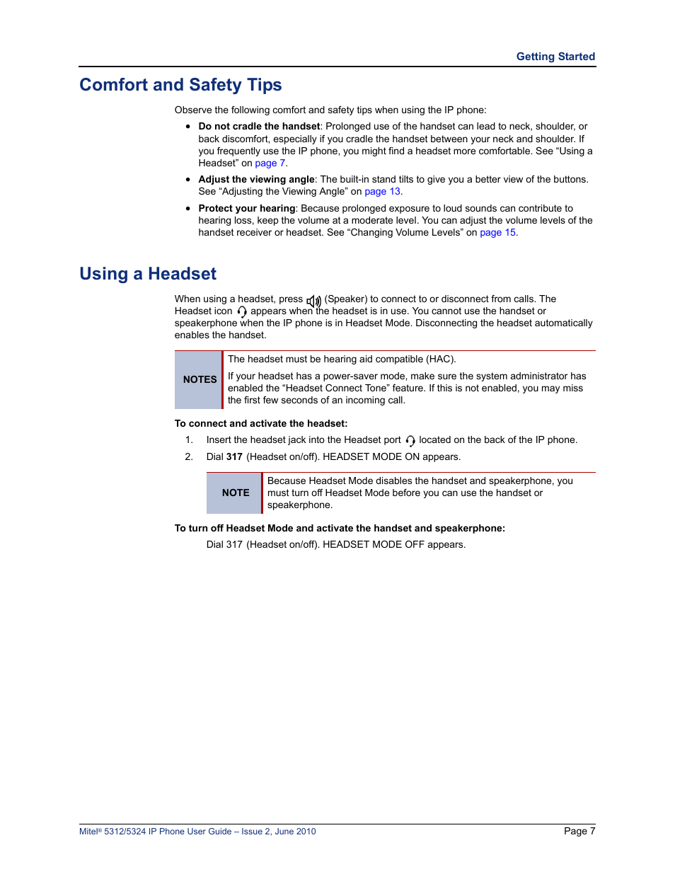 Comfort and safety tips, Using a headset, Using a headset” on | Mitel 5312 User Manual | Page 21 / 86