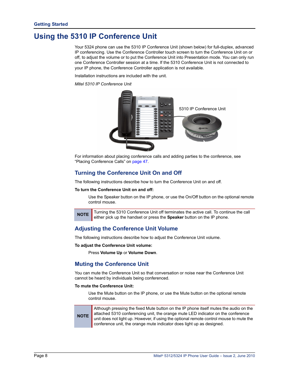 Using the 5310 ip conference unit, Turning the conference unit on and off, Adjusting the conference unit volume | Muting the conference unit | Mitel 5312 User Manual | Page 22 / 86