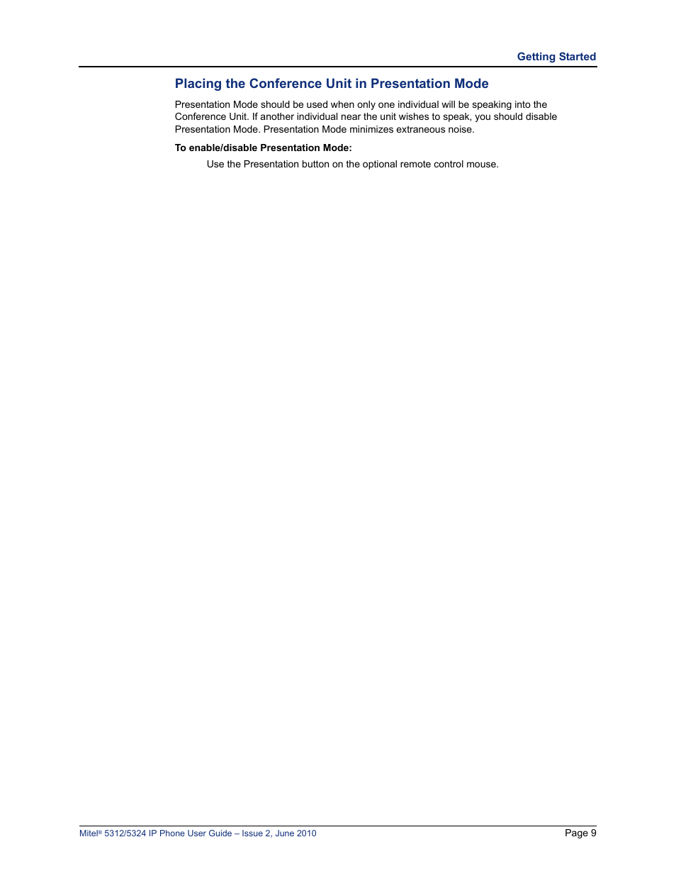 Placing the conference unit in presentation mode | Mitel 5312 User Manual | Page 23 / 86