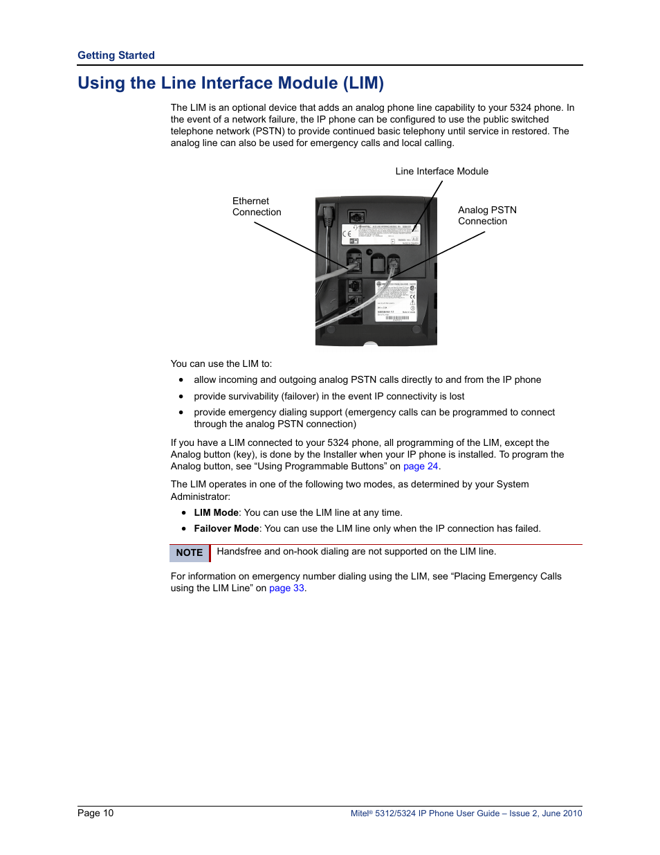 Using the line interface module (lim) | Mitel 5312 User Manual | Page 24 / 86