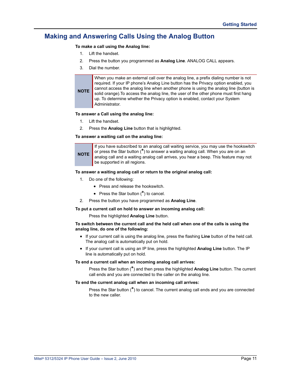 Making and answering calls using the analog button | Mitel 5312 User Manual | Page 25 / 86