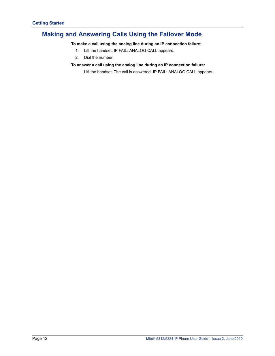 Making and answering calls using the failover mode | Mitel 5312 User Manual | Page 26 / 86