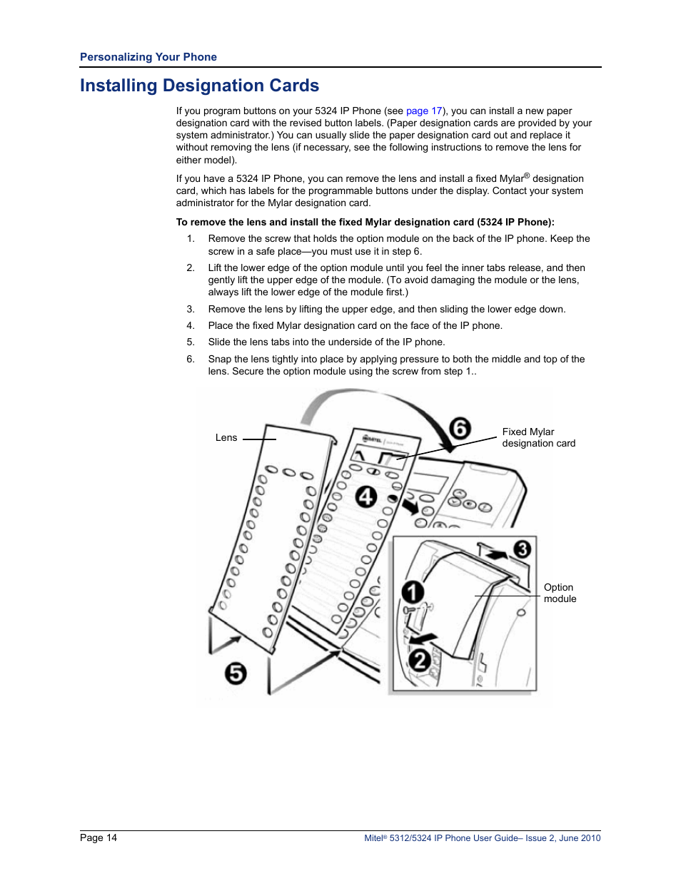 Installing designation cards | Mitel 5312 User Manual | Page 28 / 86