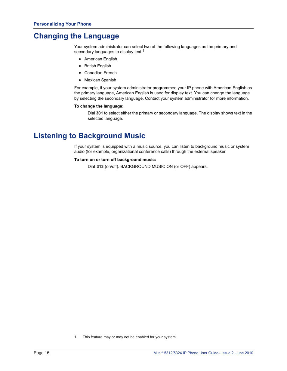 Changing the language, Listening to background music | Mitel 5312 User Manual | Page 30 / 86