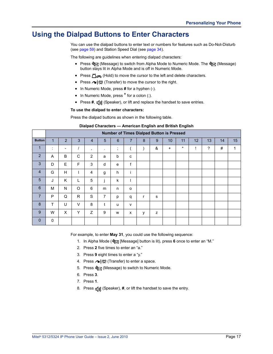 Using the dialpad buttons to enter characters, Using the dialpad buttons to enter characters” on | Mitel 5312 User Manual | Page 31 / 86