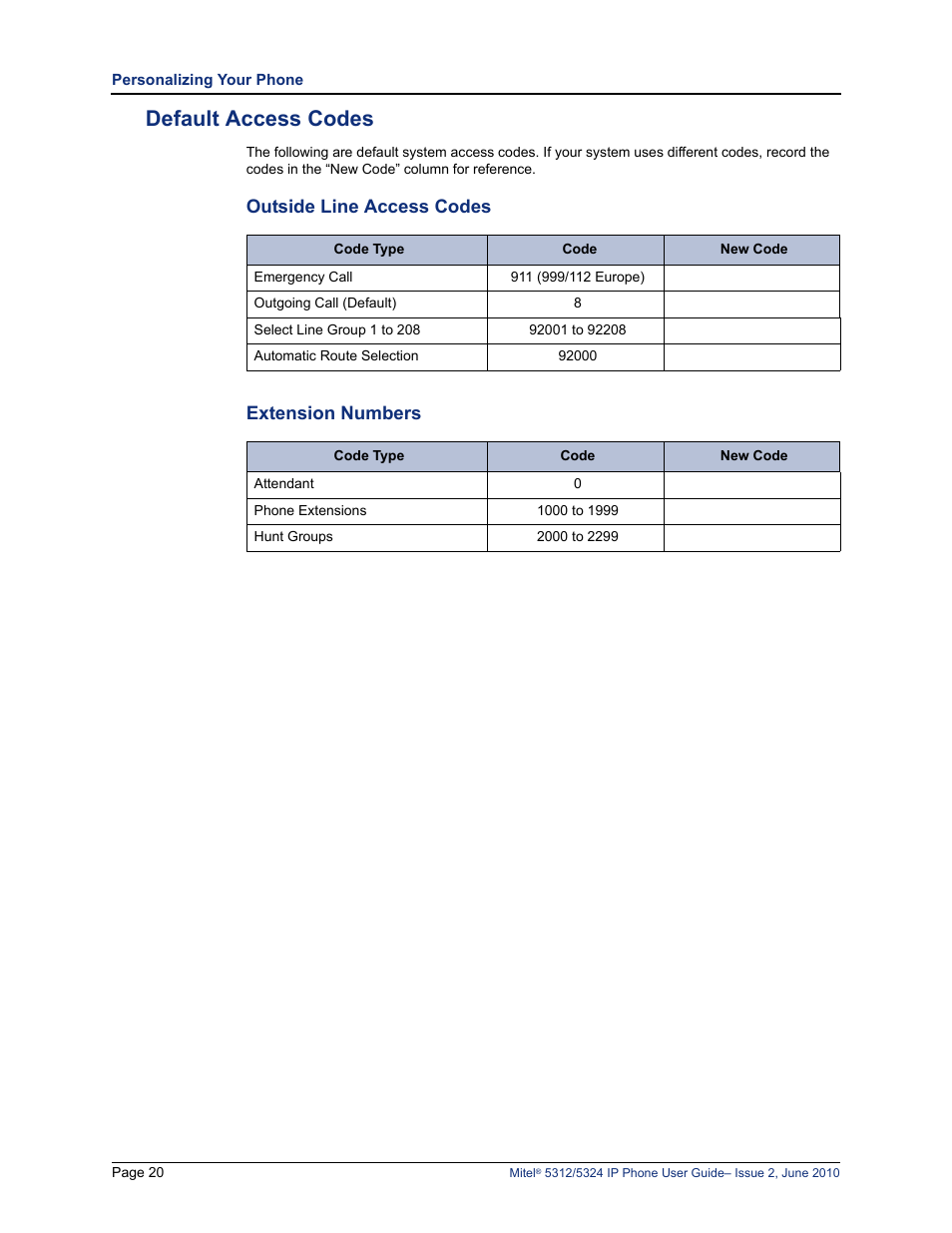 Default access codes, Outside line access codes extension numbers | Mitel 5312 User Manual | Page 34 / 86