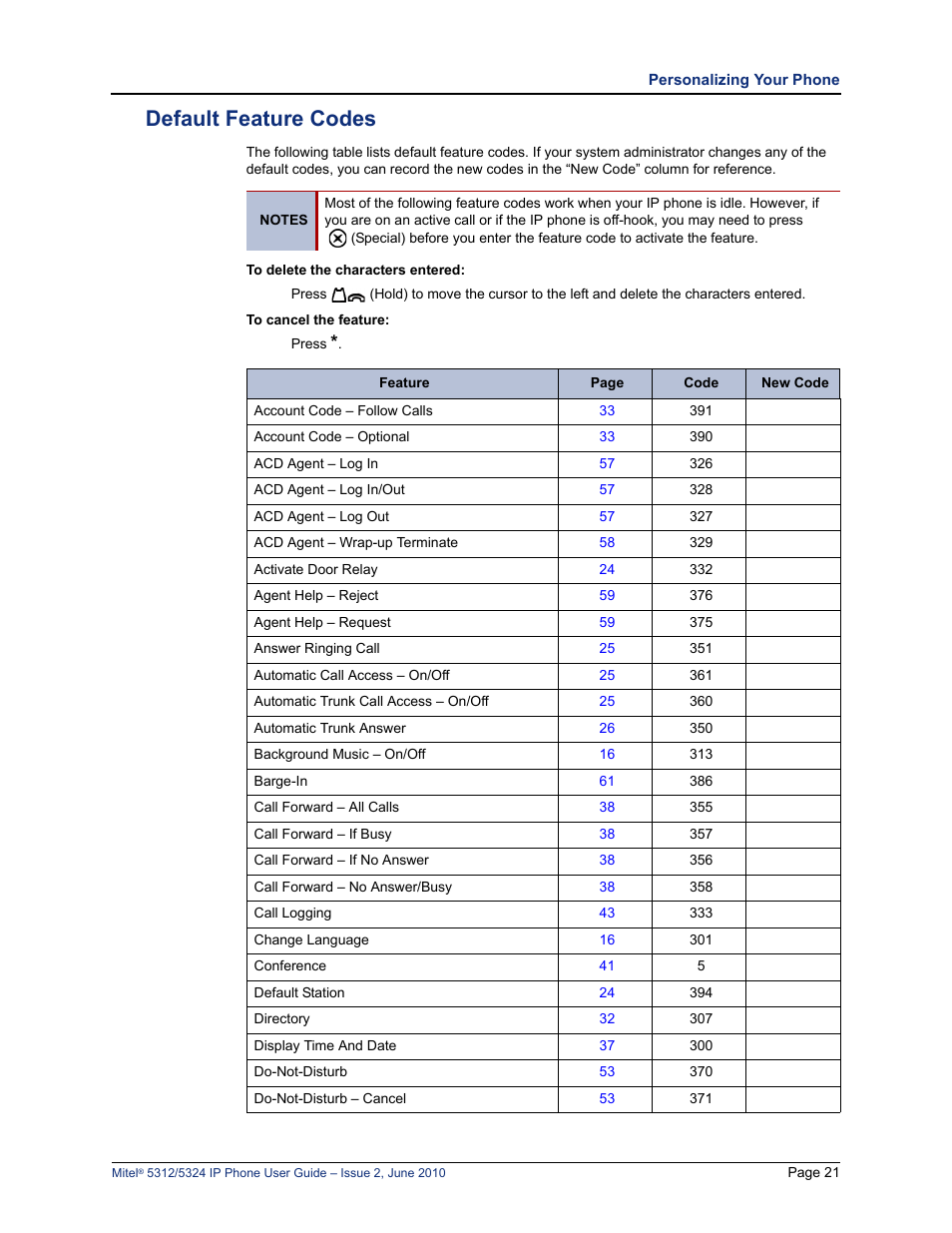 Default feature codes, And “default feature codes” on | Mitel 5312 User Manual | Page 35 / 86