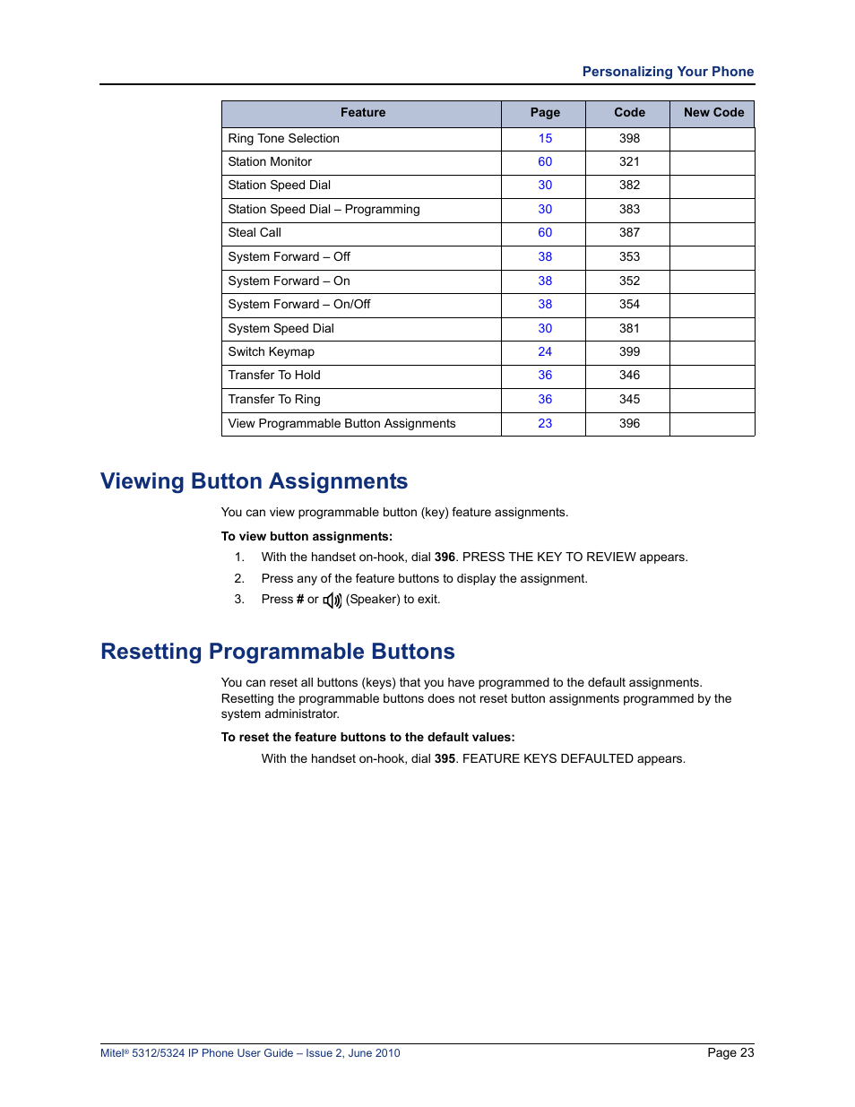 Viewing button assignments, Resetting programmable buttons | Mitel 5312 User Manual | Page 37 / 86