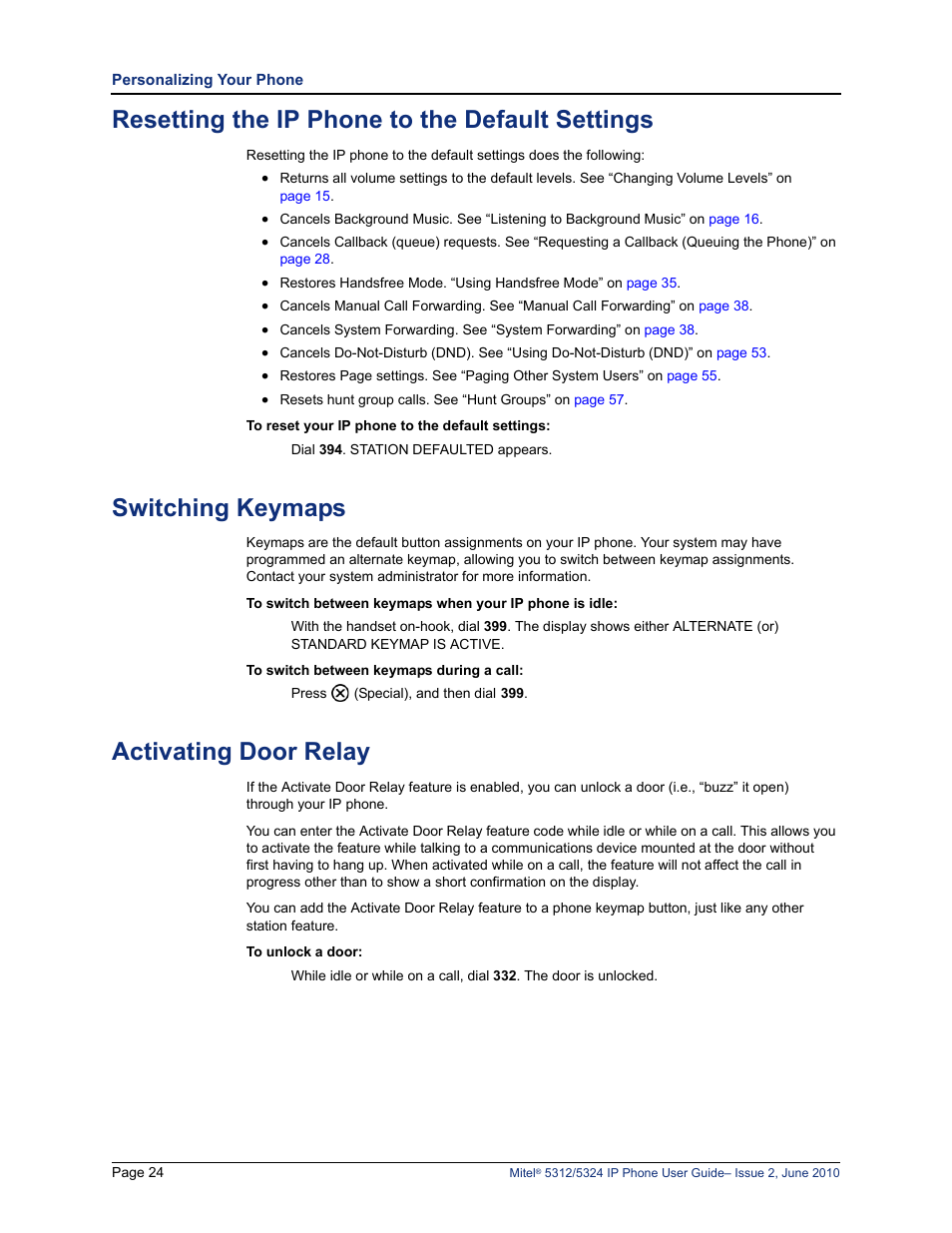 Resetting the ip phone to the default settings, Switching keymaps, Activating door relay | Mitel 5312 User Manual | Page 38 / 86