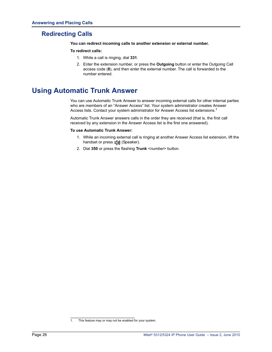 Redirecting calls, Using automatic trunk answer | Mitel 5312 User Manual | Page 40 / 86
