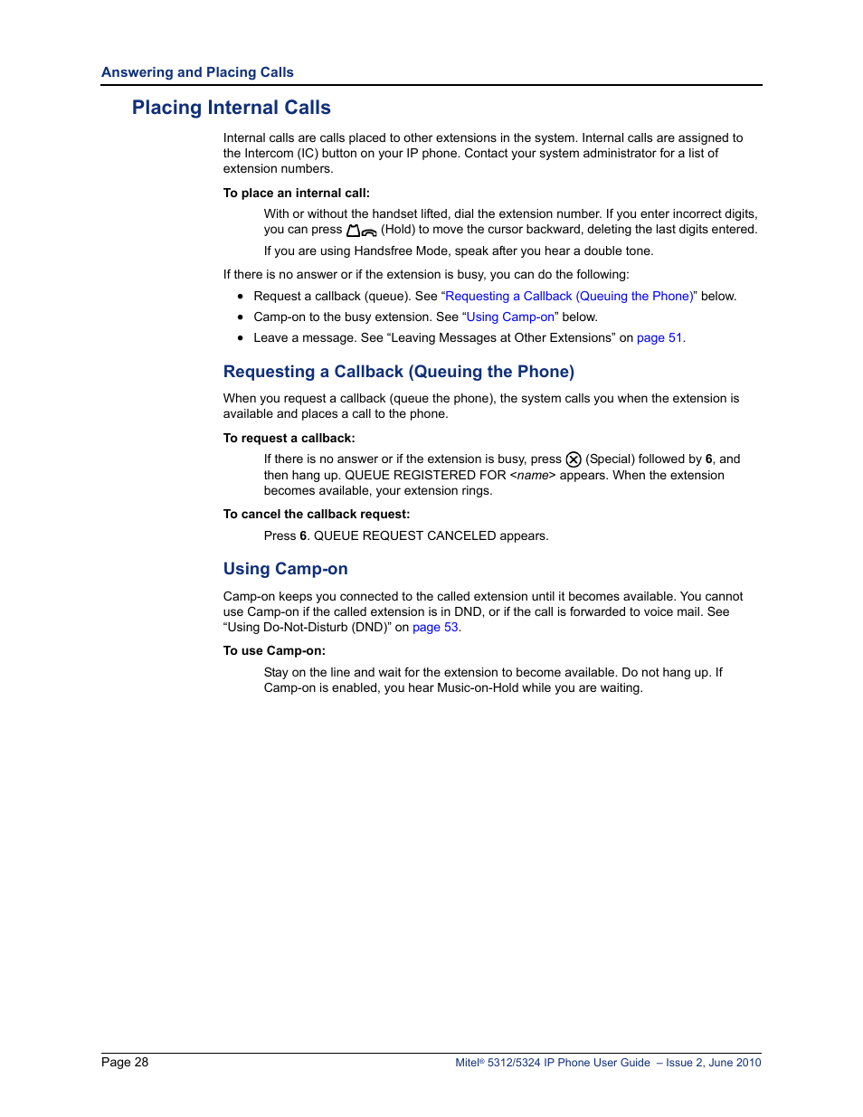 Placing internal calls, See “requesting a callback (queuing the phone)” on, Requesting a callback (queuing the phone) | Using camp-on | Mitel 5312 User Manual | Page 42 / 86
