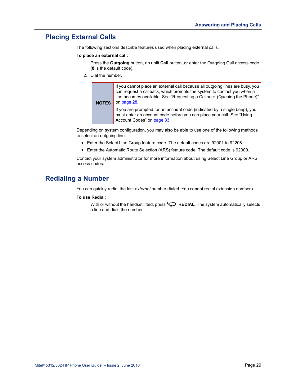 Placing external calls, Redialing a number, Placing external calls redialing a number | Mitel 5312 User Manual | Page 43 / 86