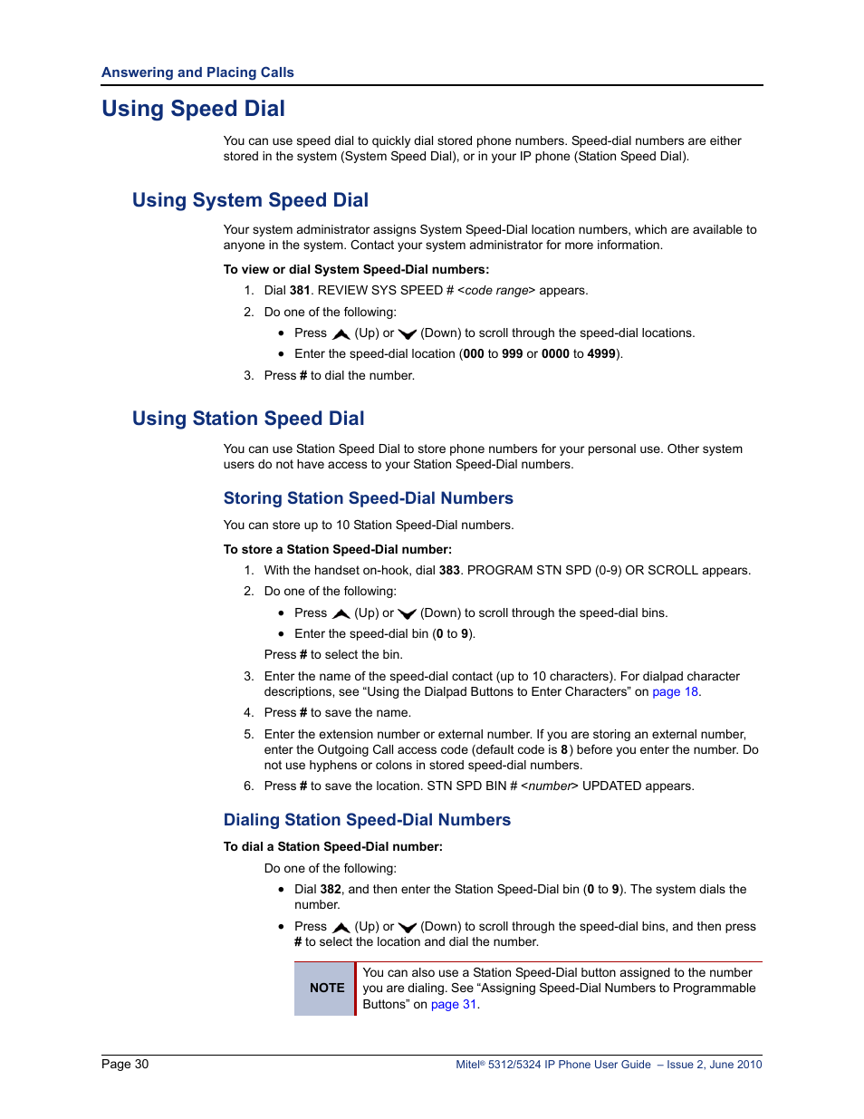 Using speed dial, Using system speed dial, Using station speed dial | Using system speed dial using station speed dial, Storing station speed-dial numbers, Dialing station speed-dial numbers | Mitel 5312 User Manual | Page 44 / 86