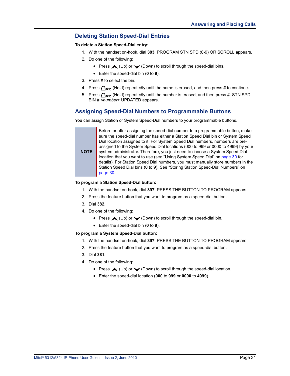 Deleting station speed-dial entries | Mitel 5312 User Manual | Page 45 / 86