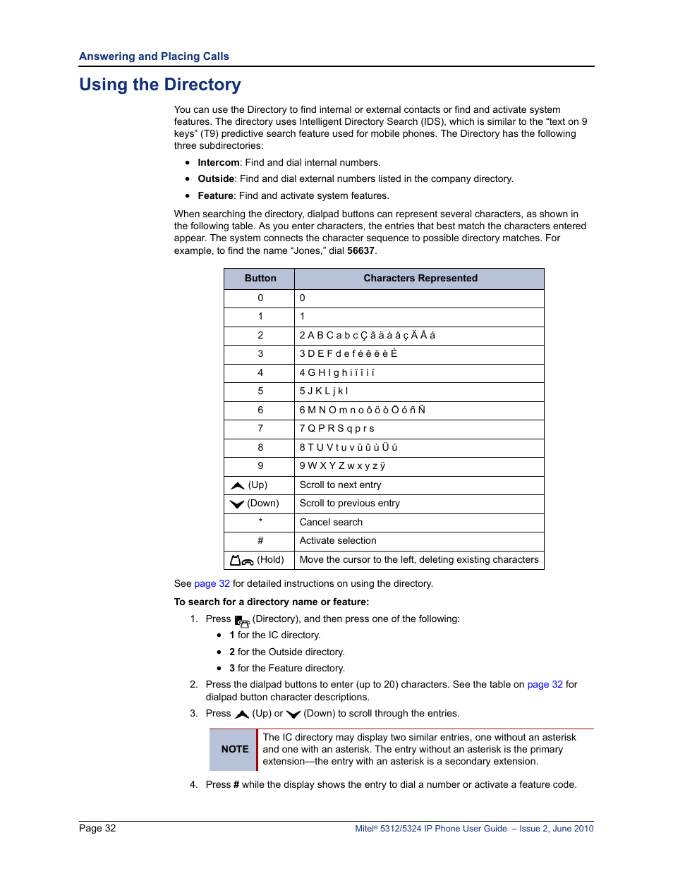 Using the directory, Using the directory” on | Mitel 5312 User Manual | Page 46 / 86