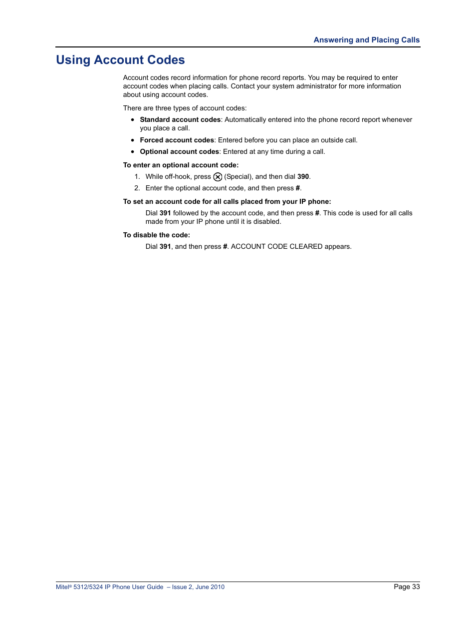 Using account codes, E “using account codes” on | Mitel 5312 User Manual | Page 47 / 86