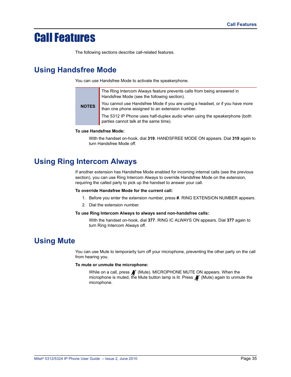 Call features, Using handsfree mode, Using ring intercom always | Using mute, D “using handsfree mode” on, E “using handsfree mode” on, Using handsfree mode” on | Mitel 5312 User Manual | Page 49 / 86
