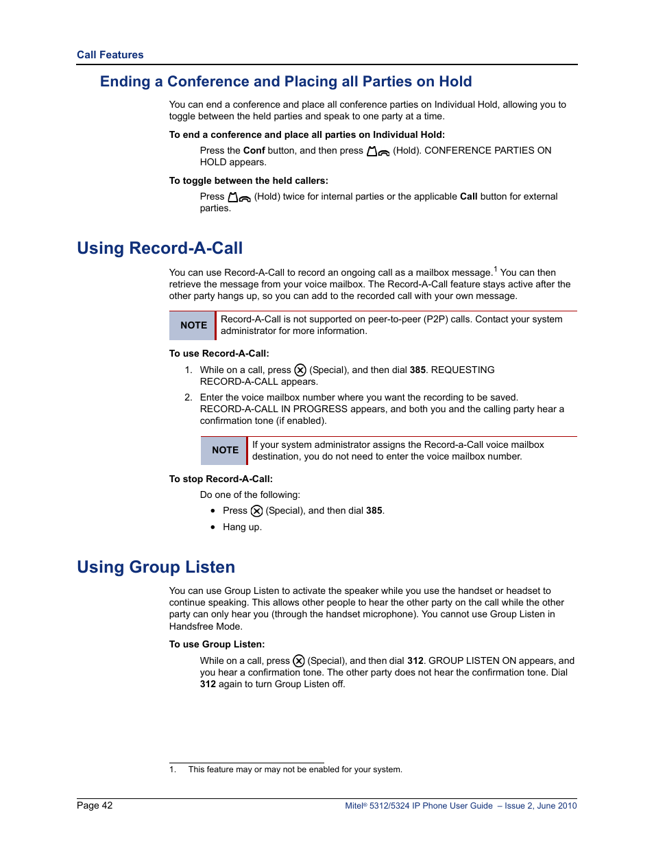 Using record-a-call, Using group listen | Mitel 5312 User Manual | Page 56 / 86