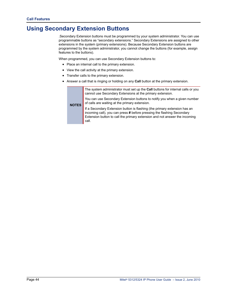 Using secondary extension buttons | Mitel 5312 User Manual | Page 58 / 86