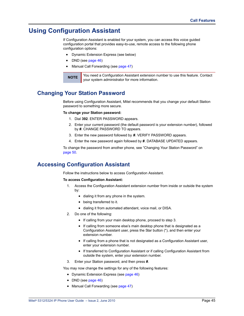 Using configuration assistant, Changing your station password, Accessing configuration assistant | Mitel 5312 User Manual | Page 59 / 86