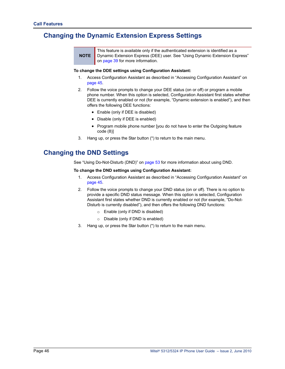 Changing the dynamic extension express settings, Changing the dnd settings | Mitel 5312 User Manual | Page 60 / 86