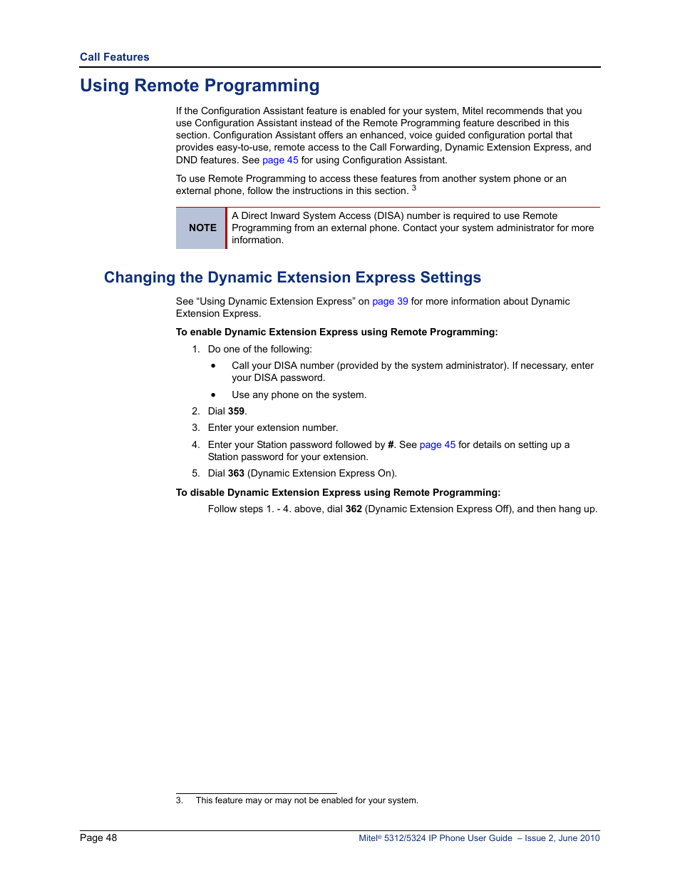 Using remote programming, Changing the dynamic extension express settings | Mitel 5312 User Manual | Page 62 / 86