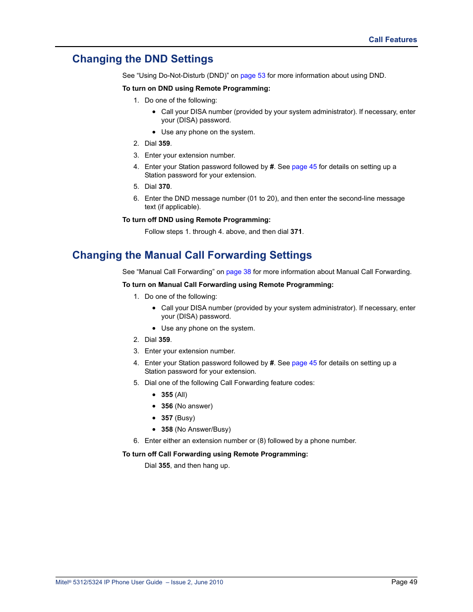 Changing the dnd settings, Changing the manual call forwarding settings | Mitel 5312 User Manual | Page 63 / 86