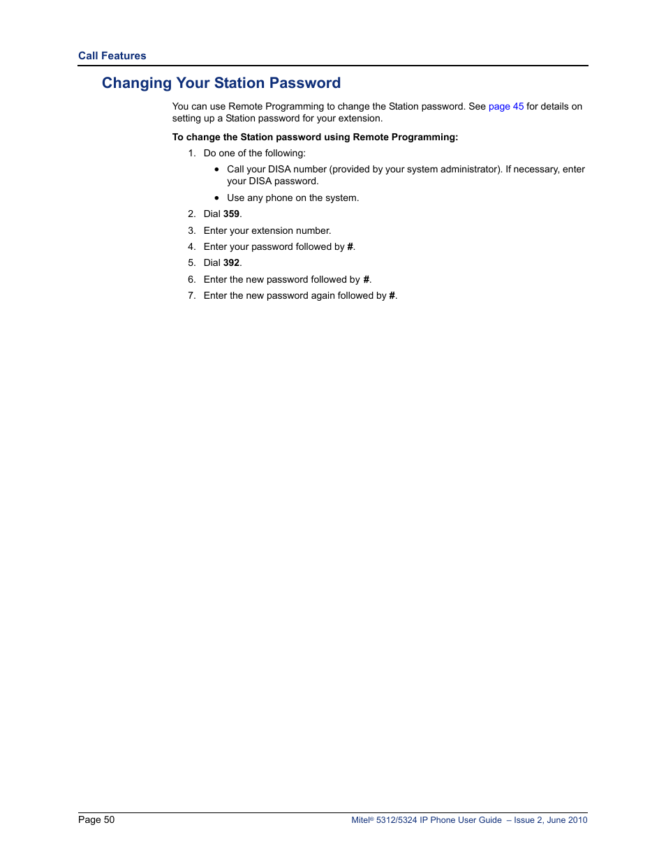 Changing your station password, Changing your station password” on | Mitel 5312 User Manual | Page 64 / 86
