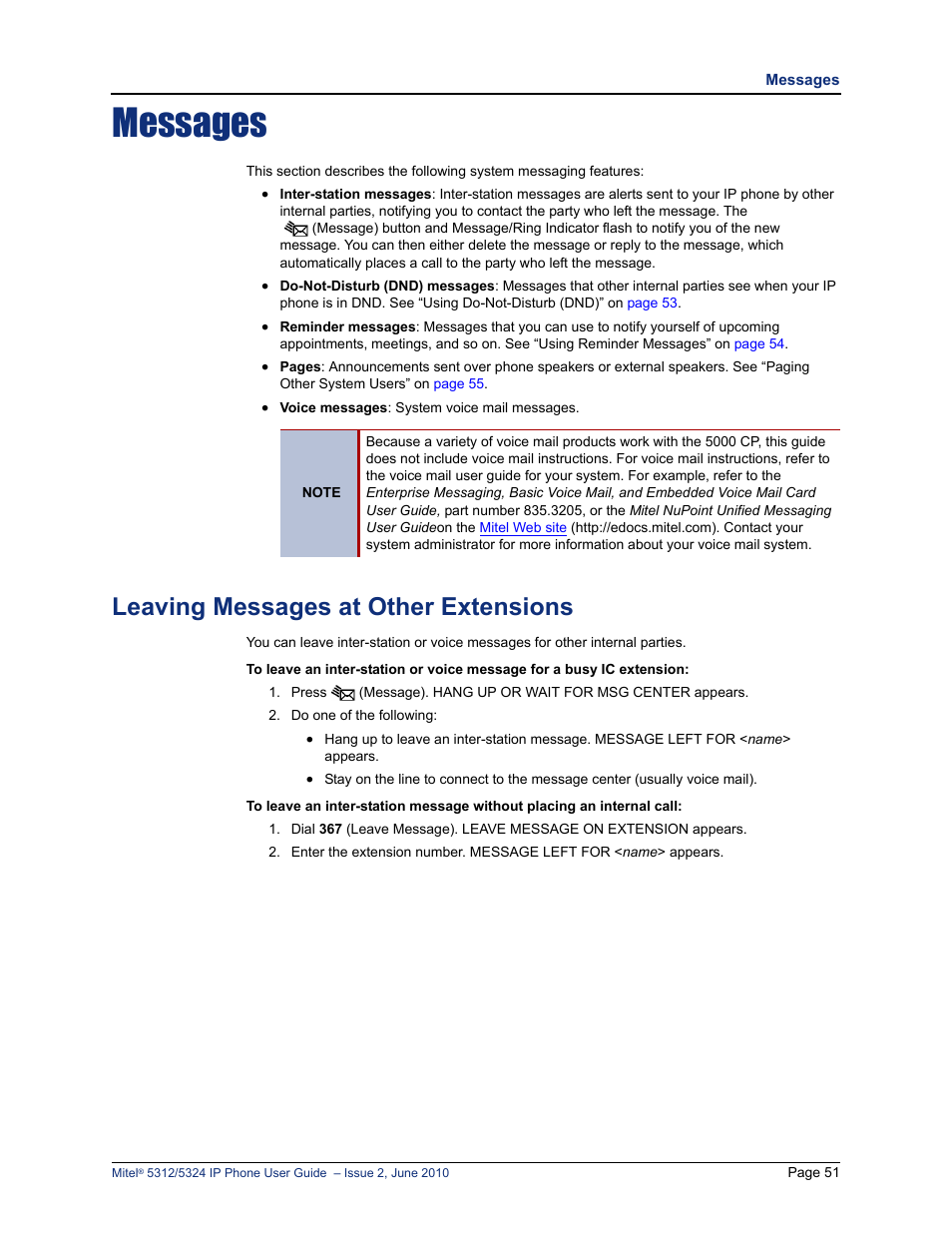 Messages, Leaving messages at other extensions, E “messages” on | E “leaving messages at other extensions” on | Mitel 5312 User Manual | Page 65 / 86