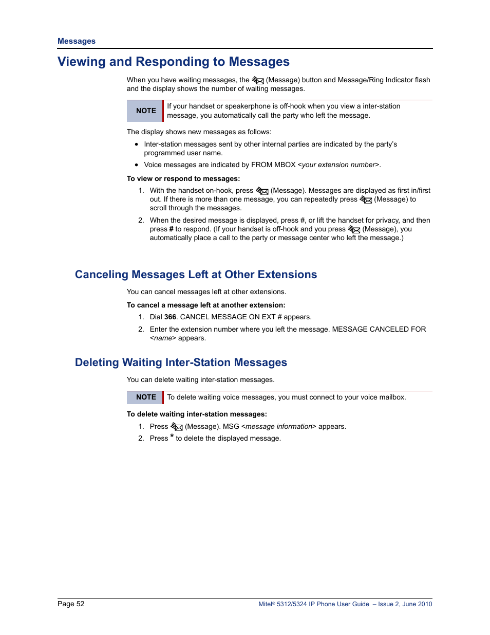 Viewing and responding to messages, Canceling messages left at other extensions, Deleting waiting inter-station messages | Mitel 5312 User Manual | Page 66 / 86