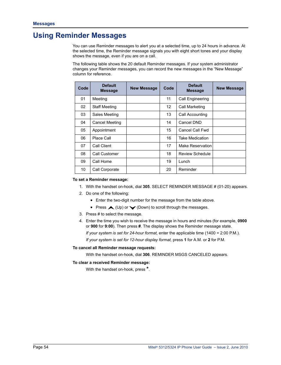 Using reminder messages, E “using reminder messages” on | Mitel 5312 User Manual | Page 68 / 86