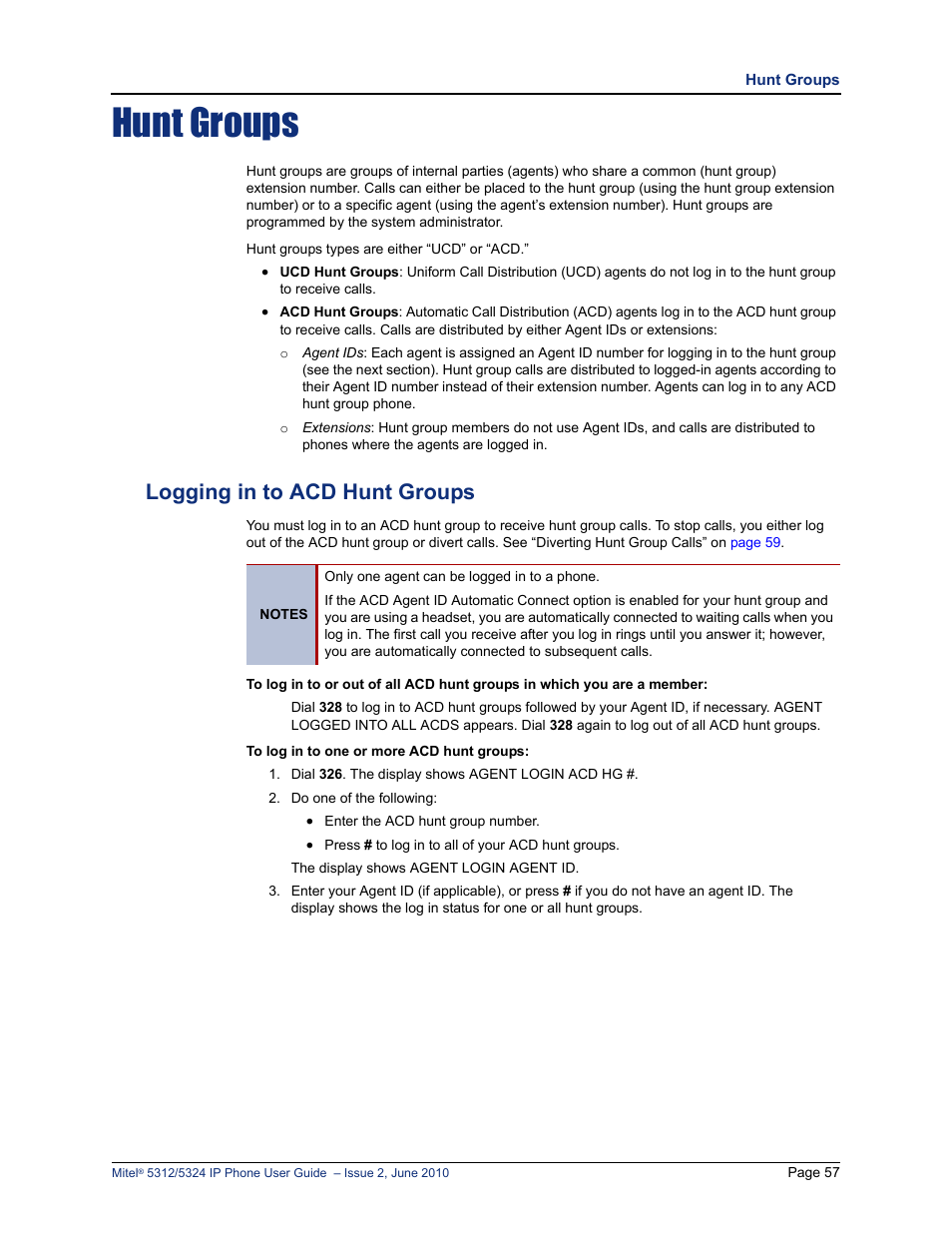 Hunt groups, Logging in to acd hunt groups, Hunt groups” on | Mitel 5312 User Manual | Page 71 / 86