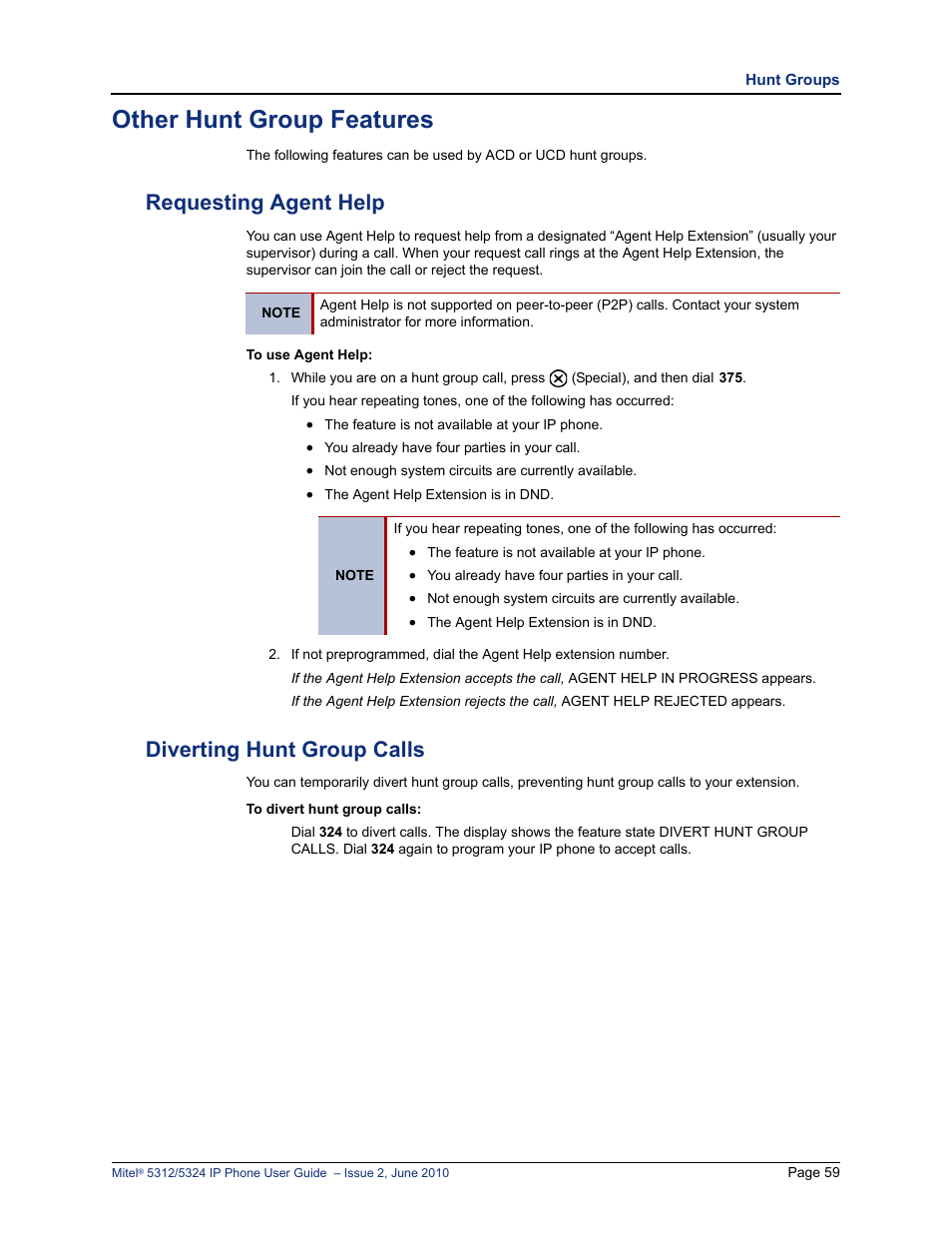 Other hunt group features, Requesting agent help, Diverting hunt group calls | Requesting agent help diverting hunt group calls | Mitel 5312 User Manual | Page 73 / 86