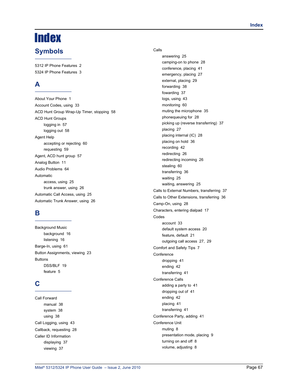 Index, Symbols | Mitel 5312 User Manual | Page 81 / 86