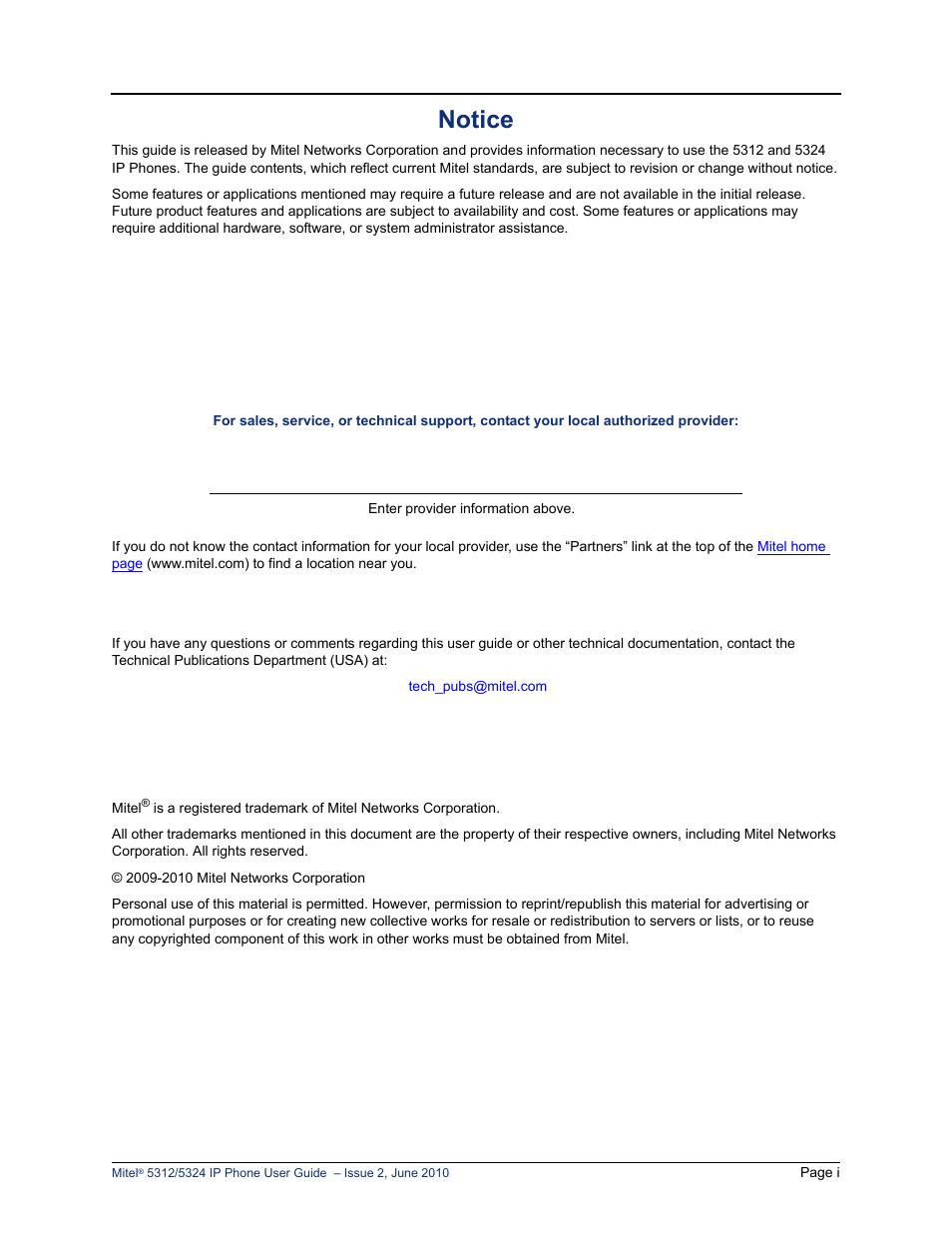 Notice | Mitel 5312 User Manual | Page 9 / 86