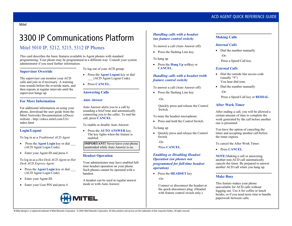 Mitel 3300 User Manual | 2 pages