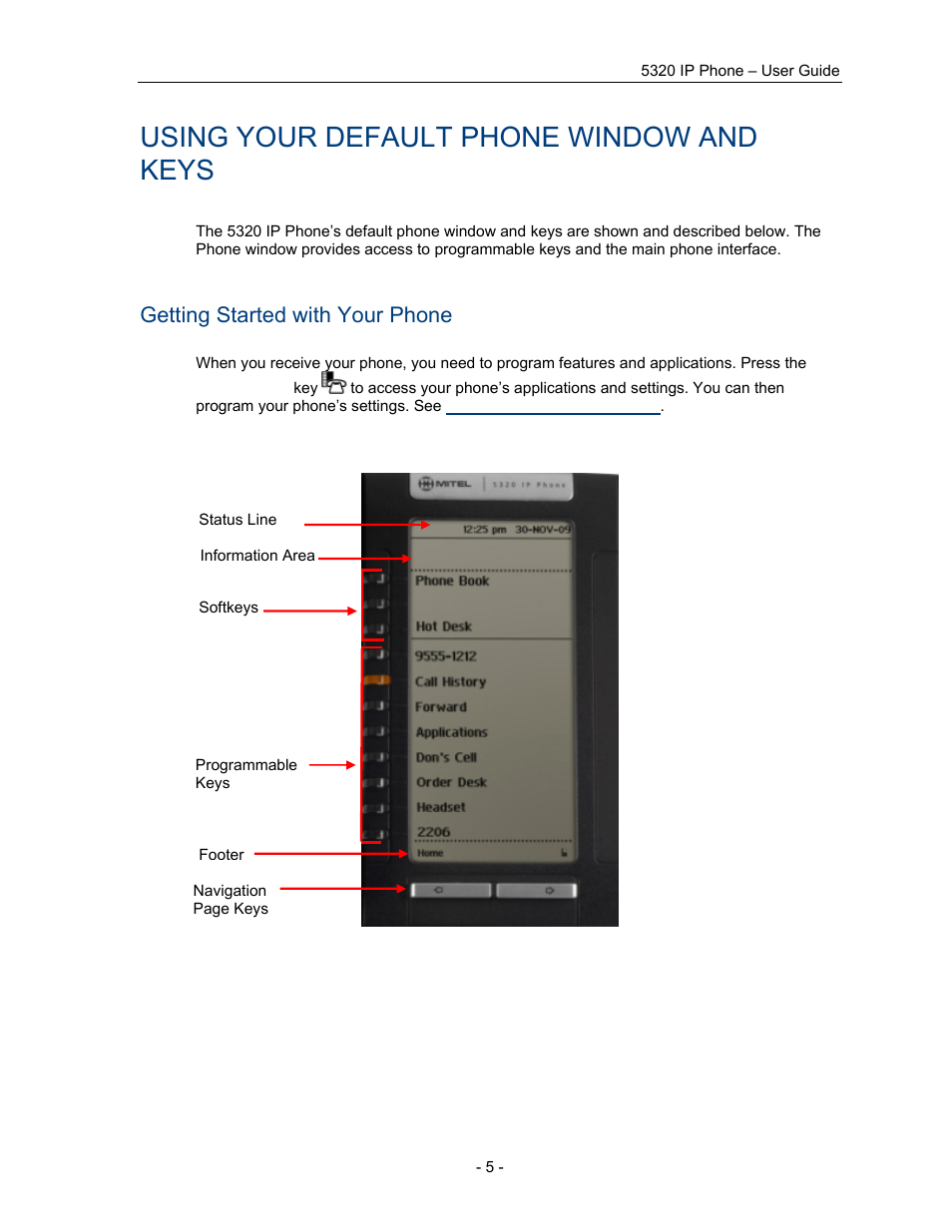 Using your default phone window and keys, Getting started with your phone | Mitel COMMUNICATION DIRECTOR 5320 User Manual | Page 11 / 58