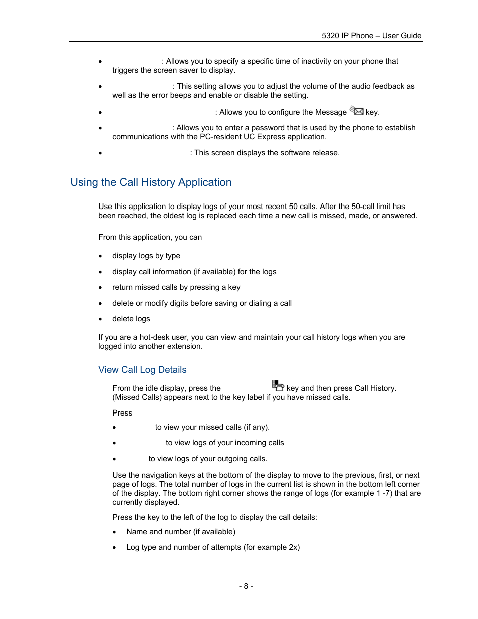 Using the call history application, View call log details | Mitel COMMUNICATION DIRECTOR 5320 User Manual | Page 14 / 58