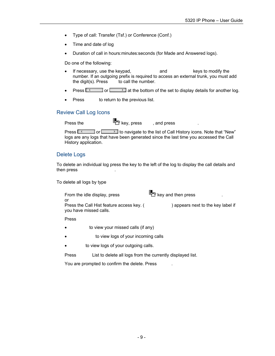 Review call log icons, Delete logs | Mitel COMMUNICATION DIRECTOR 5320 User Manual | Page 15 / 58